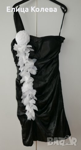 Черна сатенена рокля с бели цветя, снимка 2 - Рокли - 29254059