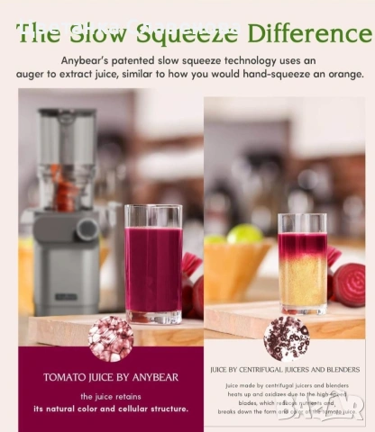 Бавна сокоизстисквачка Anybear, 200W студено, подходяща за цели плодове и зеленчуци, снимка 5 - Сокоизстисквачки и цитрус преси - 53983680