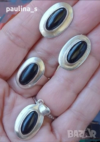 Два броя / Винтидж сребърен комплект с Пейзажен яспис и оникс / проба 925 , снимка 11 - Бижутерийни комплекти - 38291520