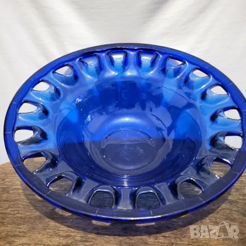 Голяма декоративна ретро кобалтово синя художествена стъклена купа Германия 🇩🇪, снимка 8 - Антикварни и старинни предмети - 47828159