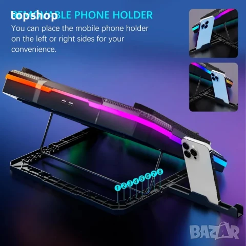 Охлаждаща подложка за лаптоп Moojay C51, вентилатор с RGB, 8 регулируеми височини, държач за телефон, снимка 6 - Лаптоп аксесоари - 50575455