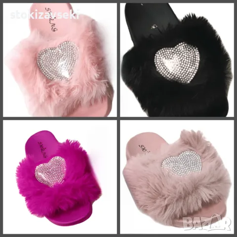 Детски пухести чехли с блестящ акцент Сърце от камъчета, снимка 1