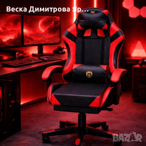 Удобен геймърски стол с поставка за крака и масажна лумбална възглавница, Черно-червен, снимка 5 - Столове - 53959405