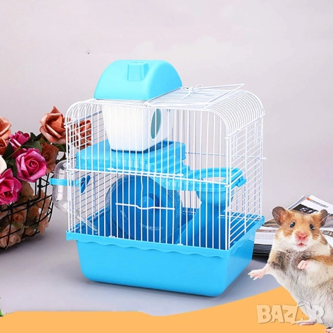 Клетка за хамстер, оборудвана с поилка, хранилка и колело. Клетки за хамстери. , снимка 5 - За гризачи - 34305751