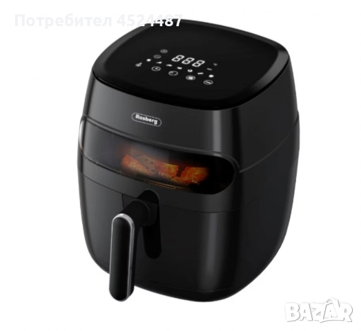 Фритюрник AirFryer , 1350W, 5.2л., LED дисплей, Горещ въздух, Таймер, до 200°C, Черен