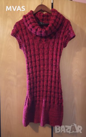 Дълъг пуловер рокля с яка червен S размер