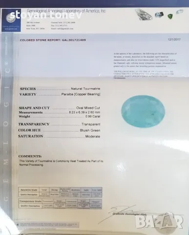Параиба турмалин в синьо зелен неон - 0.99кт.! Нов! Сертифициран!, снимка 4 - Други - 47974634