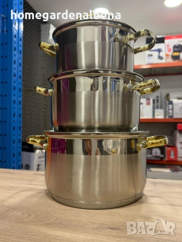 Луксозен комплект тенджери от неръждаема стомана със златни дръжки – 3 броя, снимка 12 - Съдове за готвене - 54166587