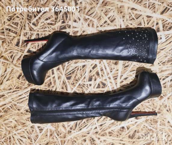 Луксозни дамски ботуши от еластична изкуствена кожа, с висок тънък ток и платформа. N 37