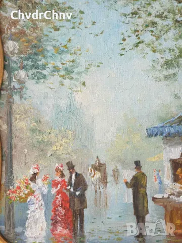 46х36см/малка стара картина масло върху платно-фазер/градски пейзаж/заоблена дървена рамка, снимка 2 - Картини - 48802057