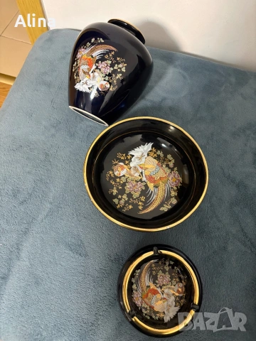Елегантен винтидж комплект трио в японски стил – ваза, купа и пепелник, снимка 3 - Антикварни и старинни предмети - 54084697