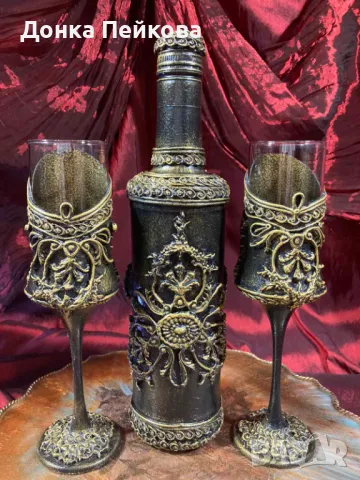 Сервиз за вино от 3 части в злато, ръчна изработка, снимка 2 - Сервизи - 48183882