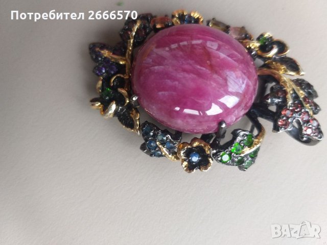 Брошка със 100 карата звезден рубин сребро и злато диамант изомруд смарагд сапфир, снимка 11 - Антикварни и старинни предмети - 34934004
