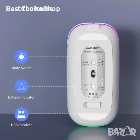Uiosmuph Bluetooth мишка, ултра тунка, безшумна, RGB