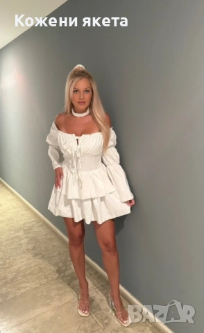 Бяла рокля с чокър и нежни камъчета, снимка 2 - Рокли - 54274147