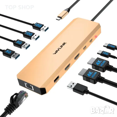 Докинг станция за лаптоп, WAVLINK 10G USB C хъб с двоен HDMI, 100W PD вход, 10Gbps USB-A/C 3.2