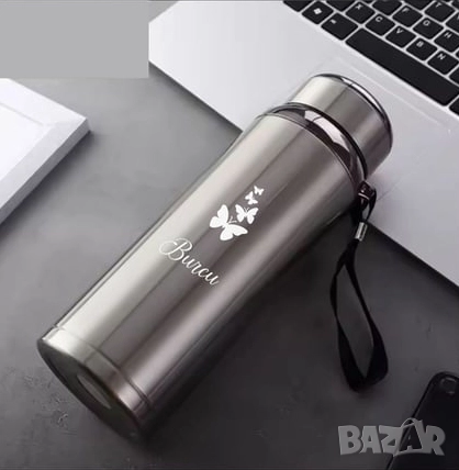 Термос от неръждаема стомана с вместимост 1 литър и дизайн с пеперуди  и надпис по избор, снимка 3 - Други - 51685752