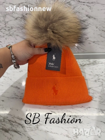 Оранжева шапка Polo с естествен пух, снимка 2 - Шапки - 53060081
