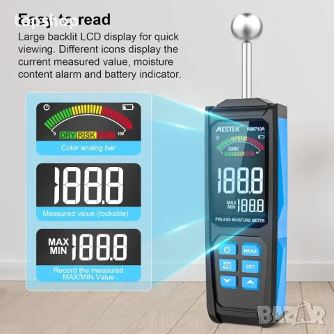 ЧИСТО НОВ Mestek WM710A цифров влагомер за материали и дърво със сфероид, LCD дисплей (WM710A), снимка 8 - Гедорета - 50493335