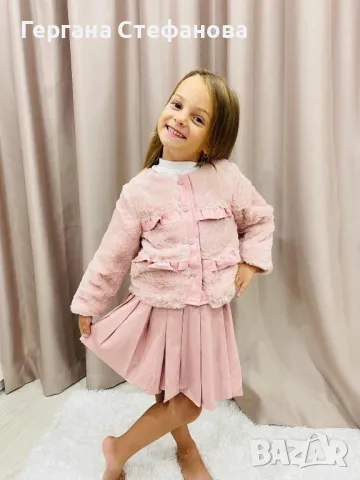Сет 3 части Кожена пола,блуза и меко пухено палтенце🥰 Размери-3/4г.4/5г.5/6г.6/7г.7/8г. Цена -68лв, снимка 2 - Детски комплекти - 47321921