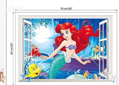 3D стикер лепенка за стена Малката Русалка Ариел флаундър и рак прозорец, снимка 2 - Други - 32019233
