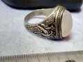 Стар РЪЧНО ОРНАМЕНТИРАН СКЪПОЦЕНЕН СРЕБЪРЕН ПРЪСТЕН ЛАКИРАНО СРЕБРО с ШЛИФОВАН ЛУНЕН КАМЪК 50109, снимка 7