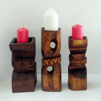 Резбовани дървени свещници, уникати от 70-те години, снимка 1 - Декорация за дома - 37561283