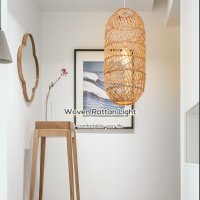  Полилей ткан ратан лампа. Естествен бамбук висулка , снимка 2 - Лампи за таван - 36996347