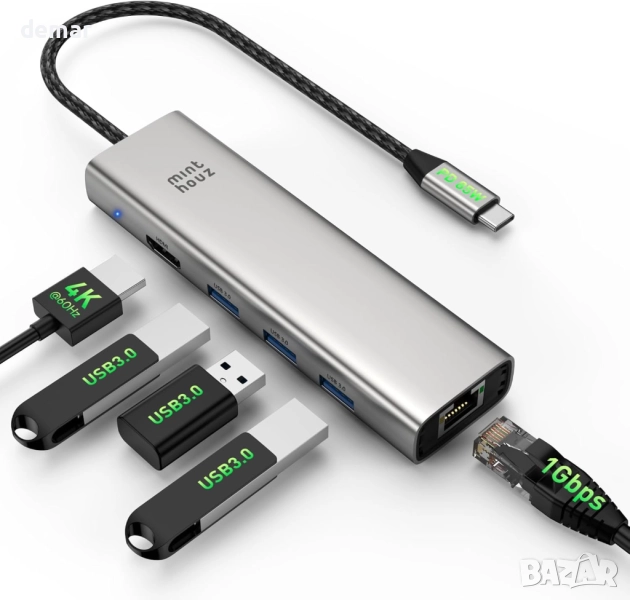 Minthouz USB C хъб, 6 в 1 многопортов адаптер, USB C към HDMI с 4K@60Hz, снимка 1