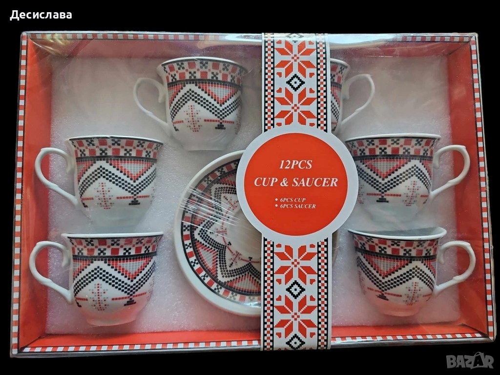 Комплект за сервиране от 12 части. 6бр чаши и 6броя чинии, снимка 1