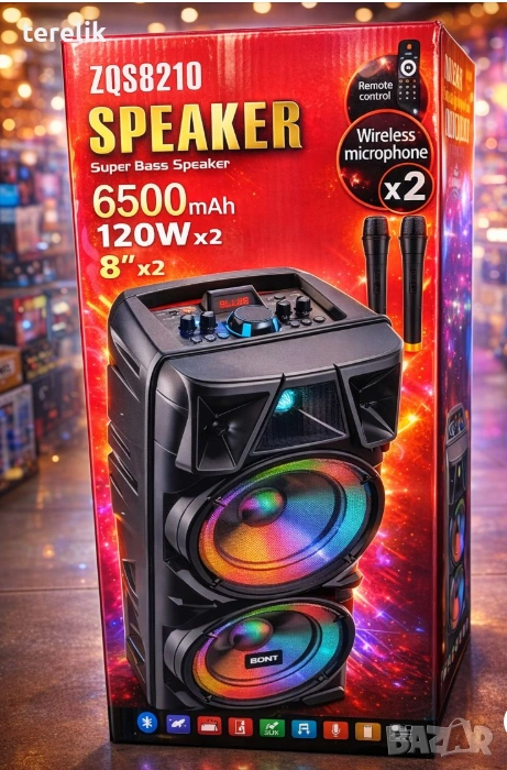 !@ Нова ZQS 8210 2х8 120W 6500mah 2 микрофона ПРЕНОСИМА КАРАОКЕ КОЛОНА, снимка 1