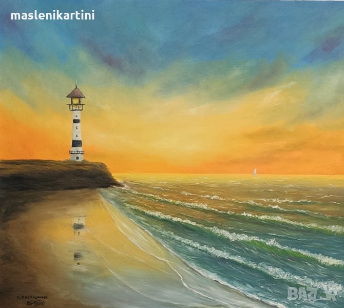 Маслена картина море и морски фар, снимка 1