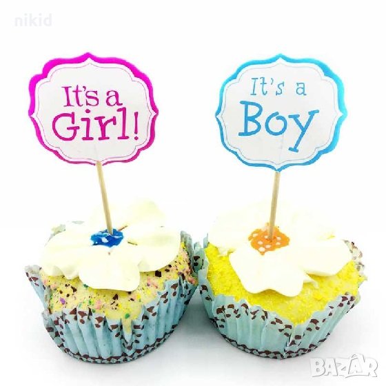 24 бр its a girl its a boy топери клечки момче момиче за мъфини кексчета парти бебешки  gender party, снимка 1