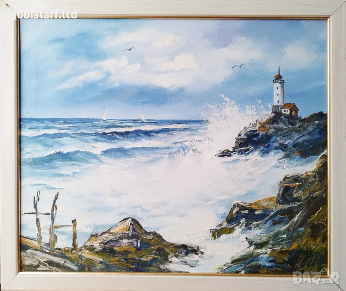 Картина, пейзаж, море, фар, худ. А. Симеонов, снимка 1