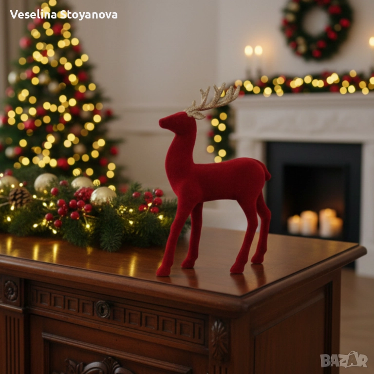 Червен кадифен елен за Коледна украса – Луксозен празничен акцент ✨, снимка 1