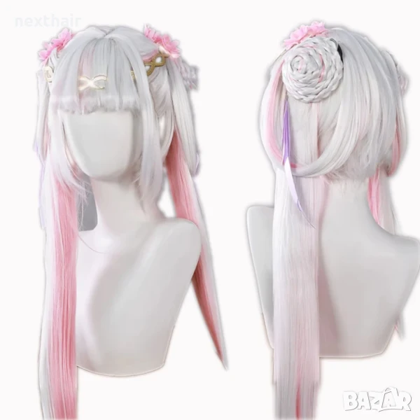 Висококачествена аниме перука бяло и розово с подвижни опашки, снимка 1