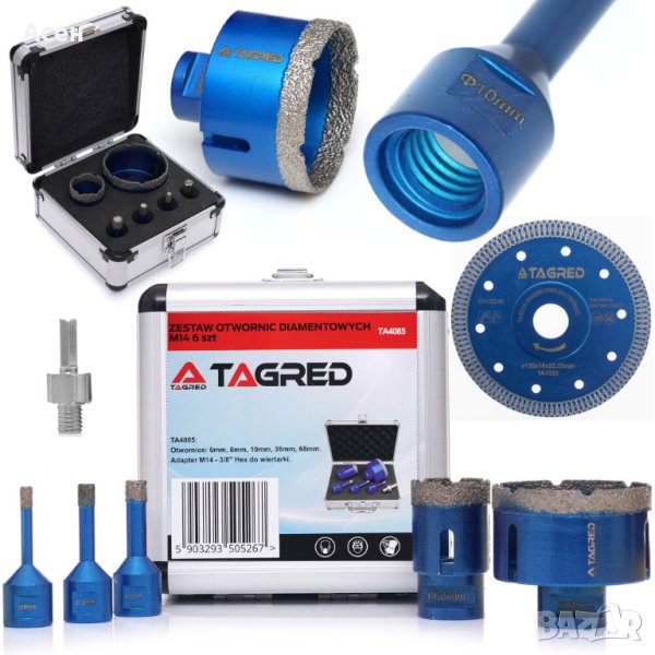 Диамантени боркорони керамика,камък,гранитогрес,плочки 6, 8, 10, 35, 68мм М14, куфар, адаптер, 6 бр, снимка 1