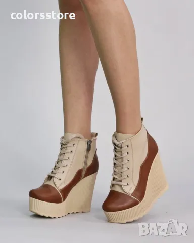 Боти на платформа - бежово с кафяво кожа - NO5, снимка 2 - Дамски боти - 36474520