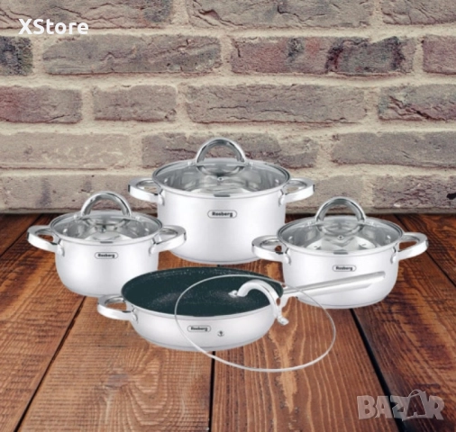 Комплект тенджери Rosberg, 16x10.5/20x12.5/24x14.5/24x6.5см., Неръжд. стомана, Индукция, снимка 2 - Съдове за готвене - 52507289