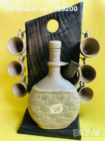 Френски винтидж сервиз за ракия стойка дърво стомна чашки Vieux Gres, снимка 8 - Декорация за дома - 37320192