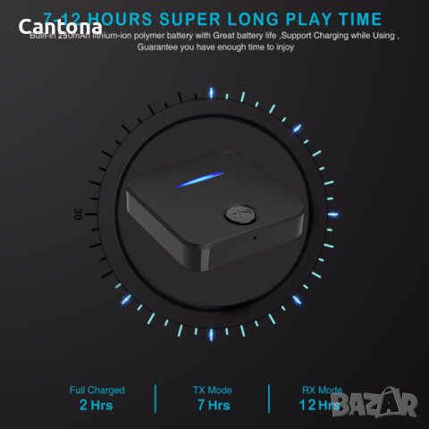 B5 Bluetooth 5.0 предавателен приемник, 2 в 1 Bluetooth, 3,5 мм AUX, вграден микрофон, 12 часа живот, снимка 6 - Ресийвъри, усилватели, смесителни пултове - 40517555
