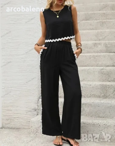 Дамски комплект от две части без ръкави с черно-бял контрастен шев, снимка 2 - Комплекти - 50708824