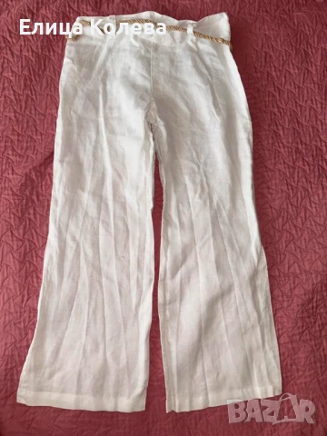 Бял ленен панталон с колан, размер S, снимка 3 - Панталони - 51201916