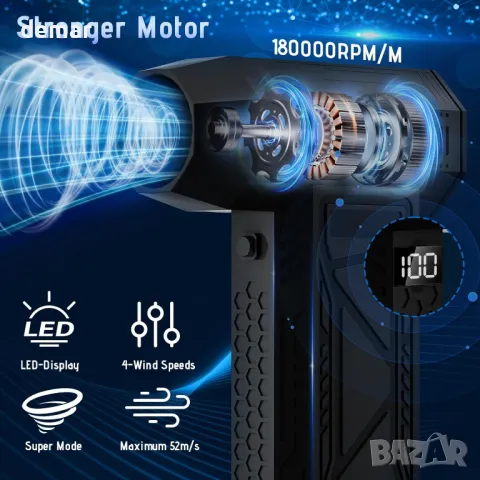 Електрическа духалка със сгъстен въздух и LED дисплей, 180000 об/мин акумулаторна, снимка 2 - Други стоки за дома - 50007471