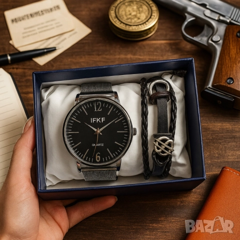 Мъжки комплект – кварцов часовник с метална верижка и стилна гривна в подаръчна кутия, снимка 10 - Бижутерийни комплекти - 51947406