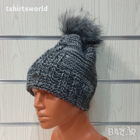 Нова зимна дамска шапка СилвърСтар сив меланж без подгъв в помпон/пух, снимка 2 - Шапки - 35512324