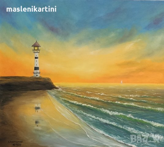 Маслена картина море и морски фар