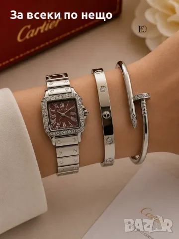 Cartier Дамски Подаръчен Комплект За Жени-Ръчен Часовник Твърда гривна И Гривна Тип Пирон Код SBF11, снимка 14 - Подаръци за жени - 55732304