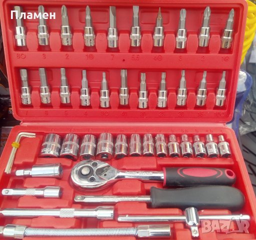 Комплект кутия с ръчни инструменти гедоре тресчотка и накрайници 46 части хром ванадий, снимка 3 - Гедорета - 34404006