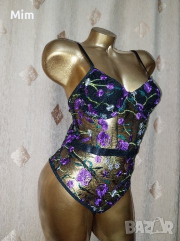 80 В  Черно ефирно боди с лилава бродерия , снимка 2 - Бельо - 42444357